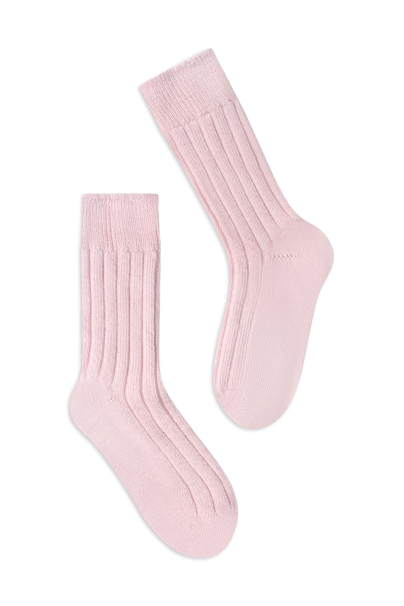 half british alpaca lounge socks in pink, pair laid flat showing the ribbed knit texture and soft alpaca fibre - Pink