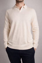 half british lightweight cotton buttonless polo shirt in ivory, worn with the open V-neck collar