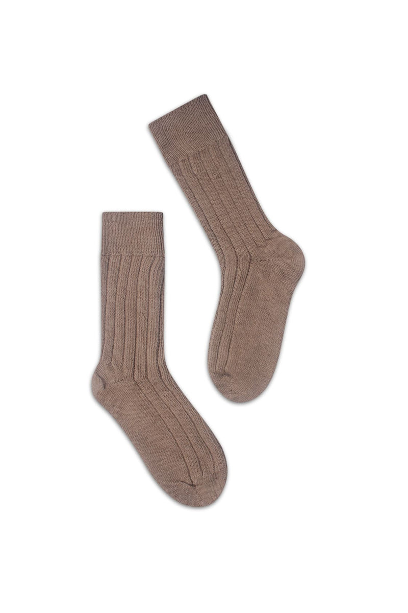 half british alpaca lounge socks in fawn, pair laid flat on a background showing the ribbed knit pattern and soft alpaca wool finish - Fawn