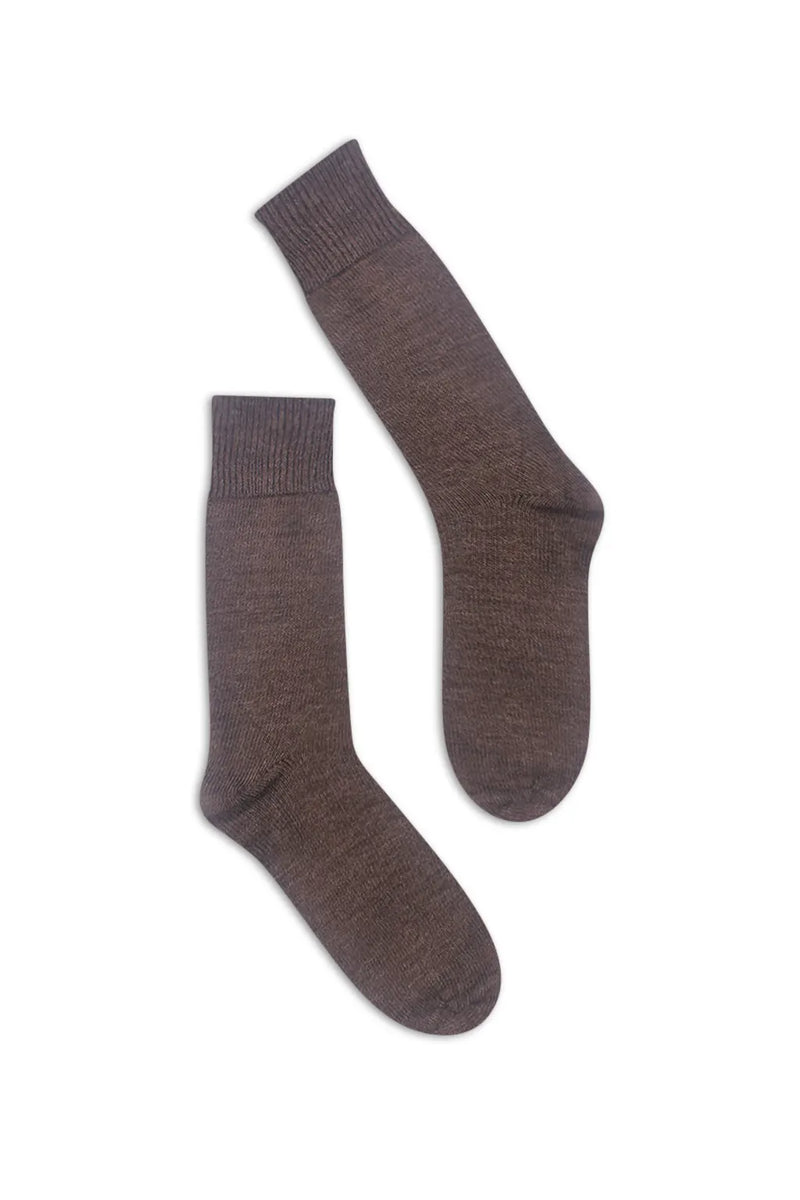 half british everyday alpaca socks in brown, pair laid flat on a background showing the soft alpaca wool texture and refined ribbed knit - Brown
