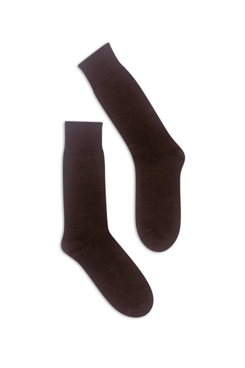 half british everyday alpaca socks in dark chocolate, pair laid flat on a background showing the fine ribbed knit and deep brown alpaca wool texture - Dark Chocolate