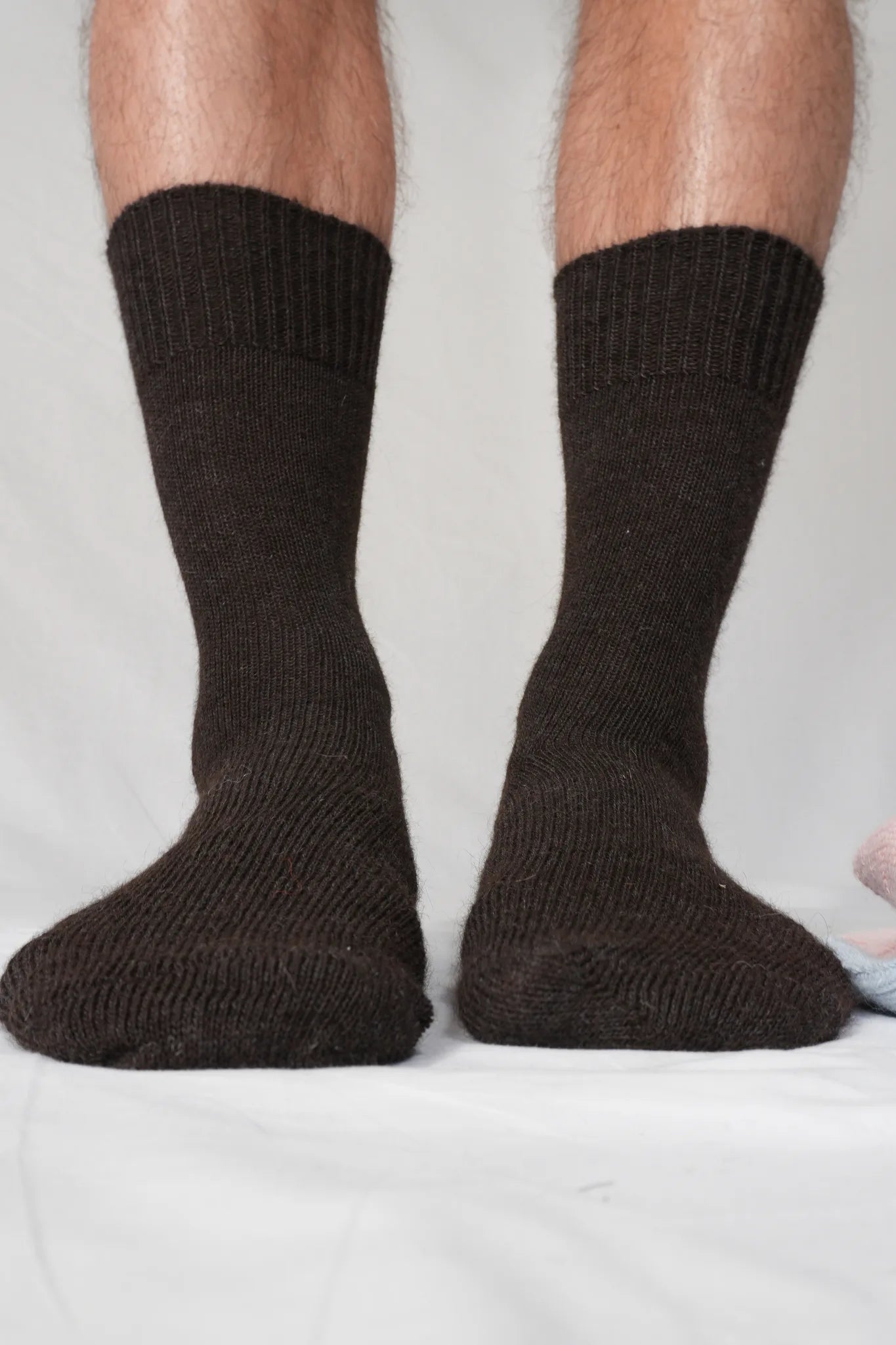 A close-up of a person's lower legs wearing dark chocolate ribbed knit crew socks, standing against a light fabric backdrop.