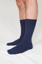half british Everyday Alpaca Sock in Navy, soft luxury sock crafted from fine Peruvian alpaca wool, photographed on a background